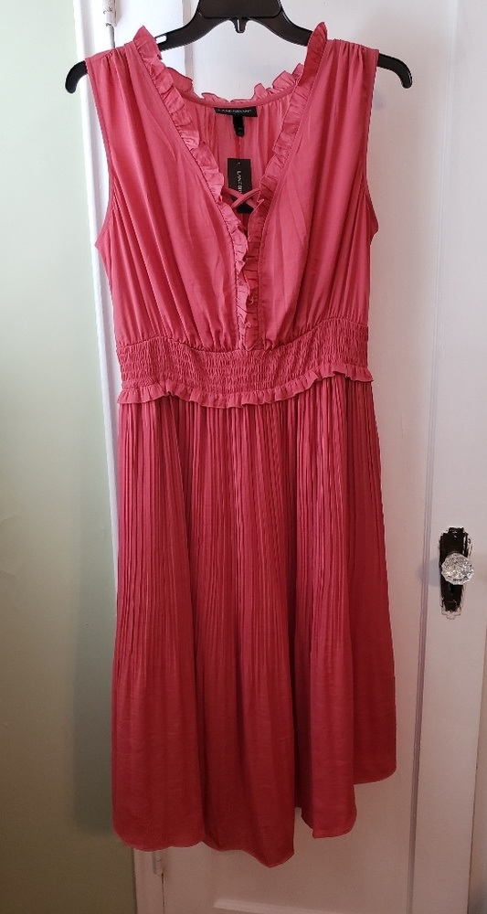 Salmon silk-like midi dress. Ruffle front. Pleated